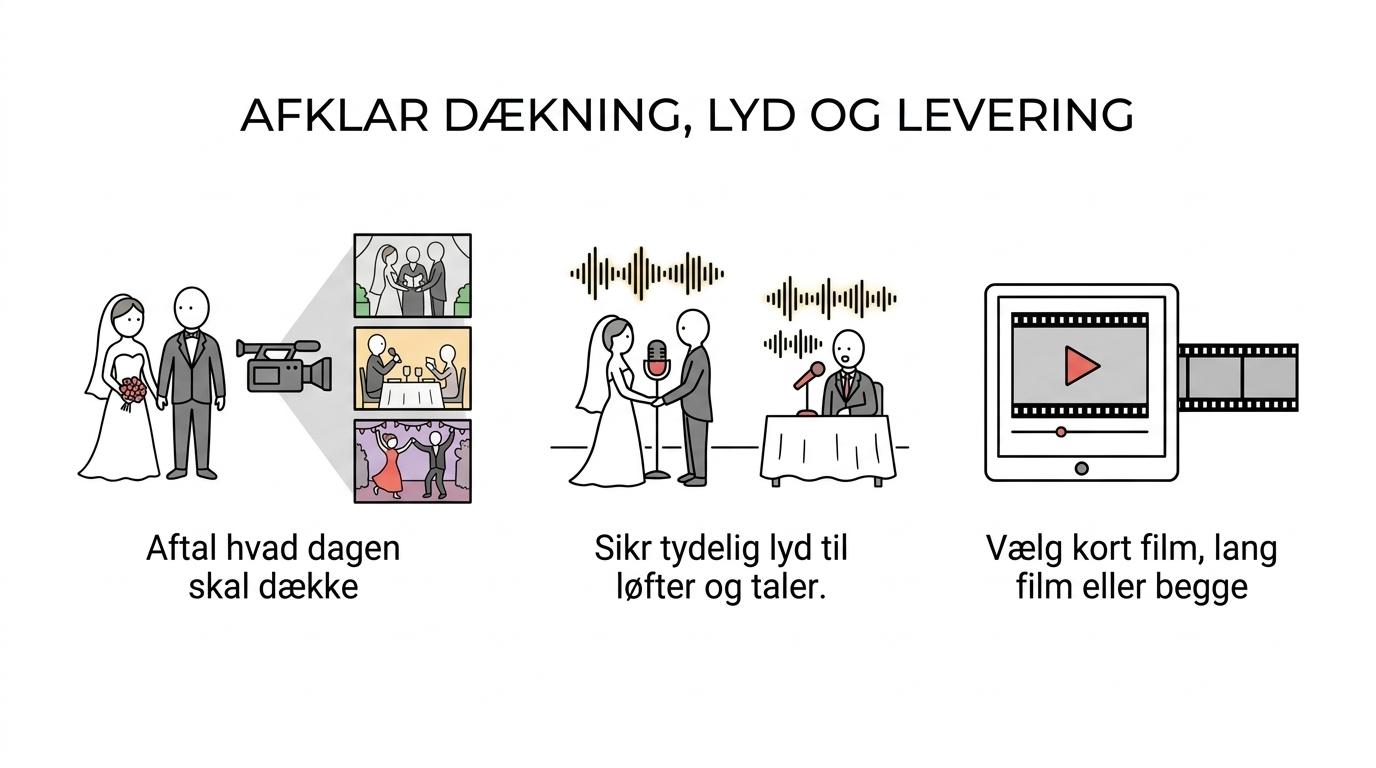 Oversigt over de vigtigste ting at afklare før booking af bryllupsvideo: dækning, lyd, levering, tidsplan, praktik og resultat.