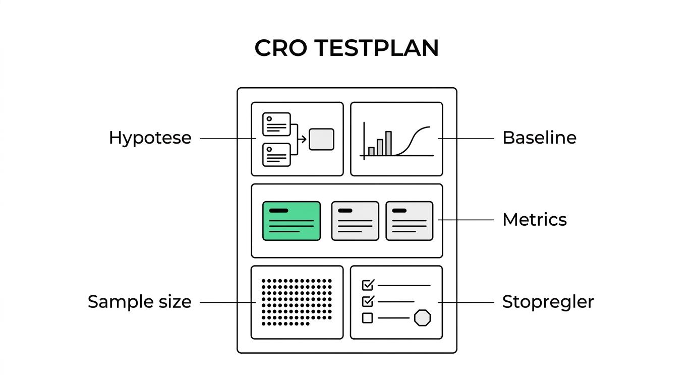 Diagram af en CRO-testplan med markerede dele som diagnose, hypotese, primær metric, guardrail metrics, baseline, minimum detectable effect, sample size, stopregler og udrulning.