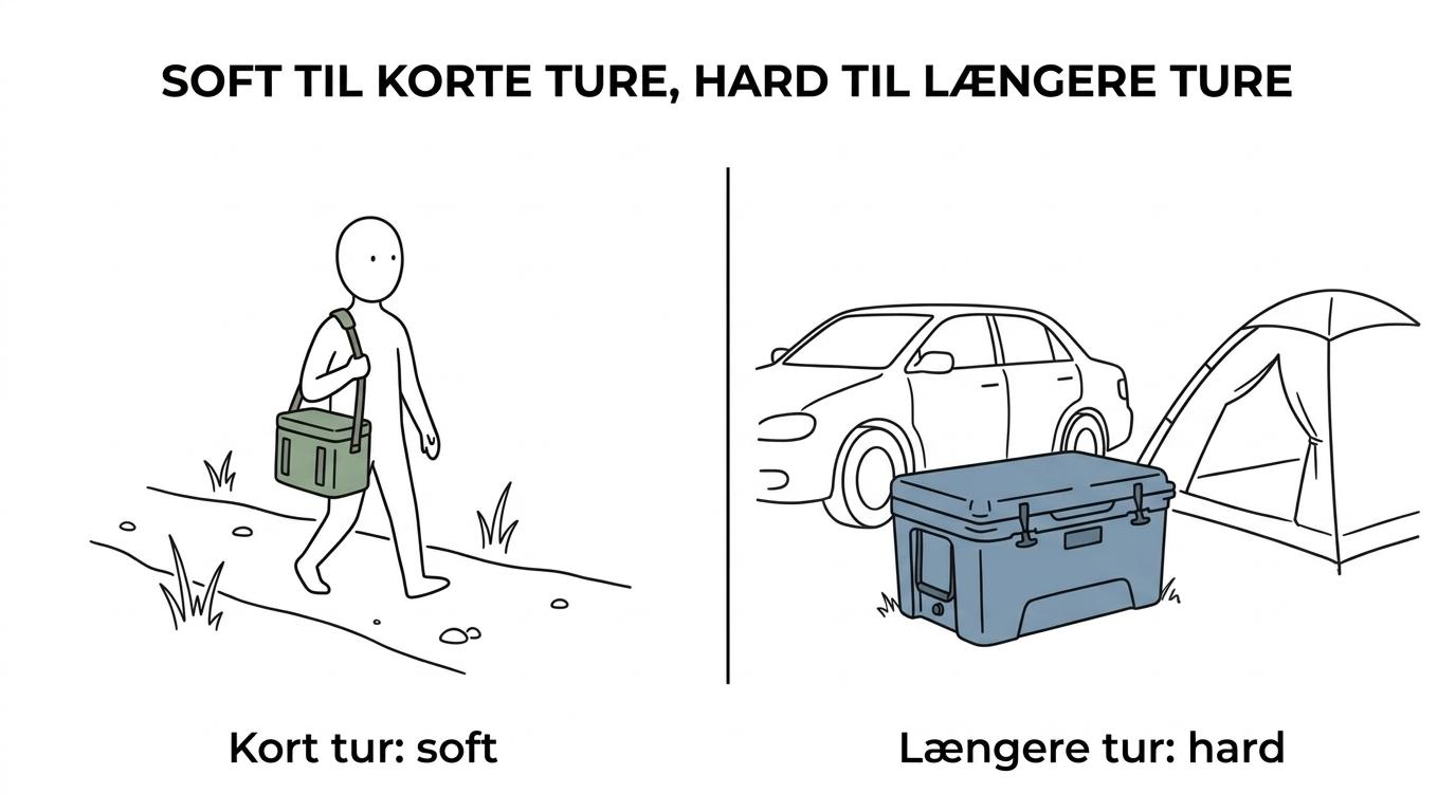 Sammenligning af Stanley hard cooler og soft cooler med fokus på længere ture, kapacitet, bærbarhed og kortere ture.