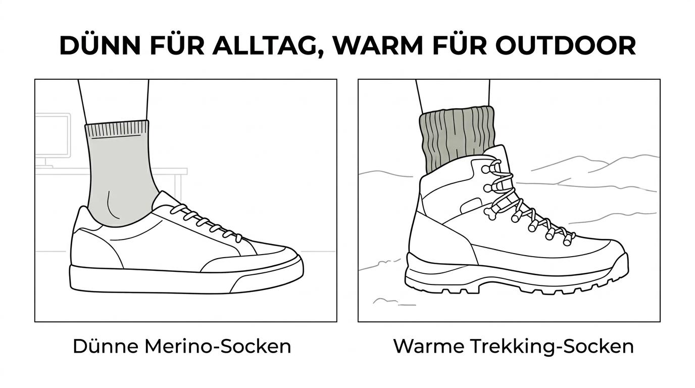 Vergleich von dünnen Merino-Socken, wärmeren Wollsocken und Trekking-Socken nach Einsatzbereich und Trageprofil.