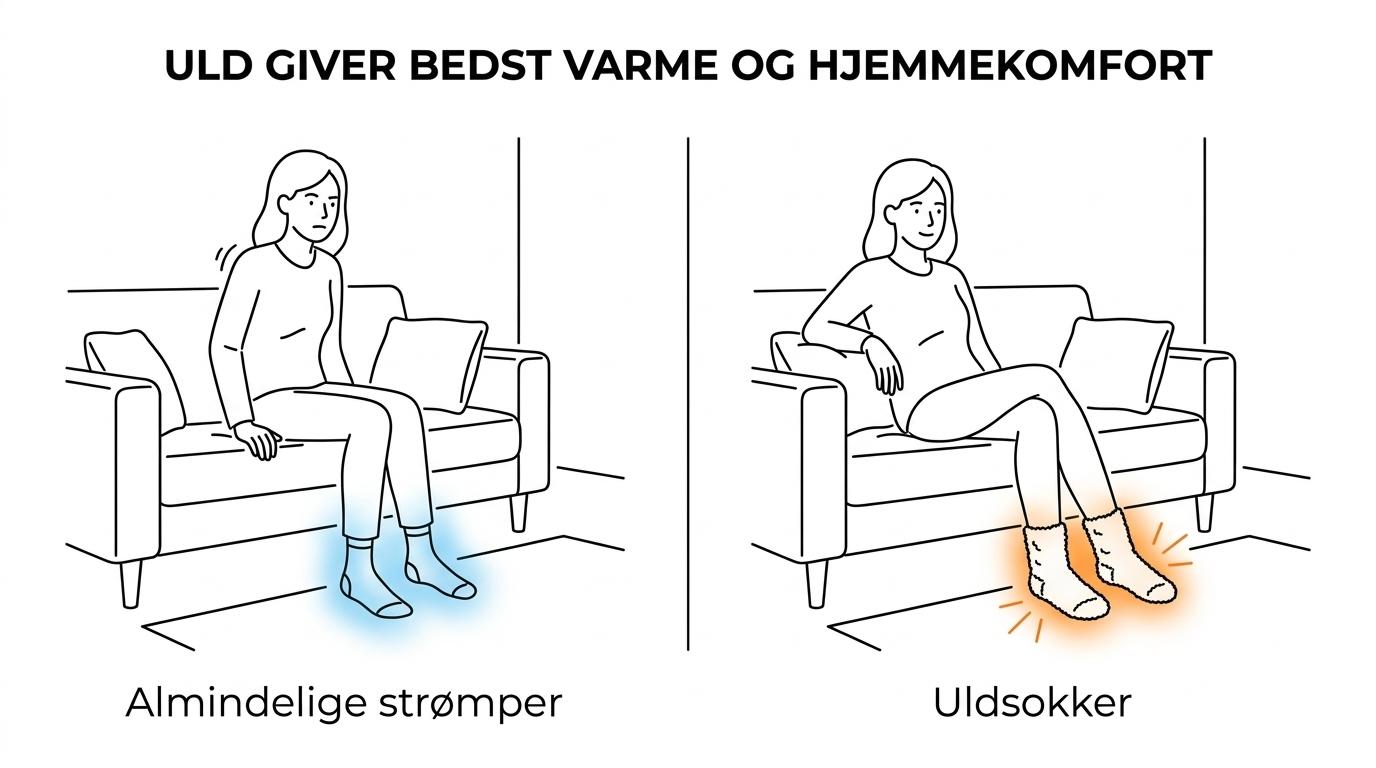 Sammenligning af uld, merinould, bomuld og syntetiske strømper på varme, fugthåndtering, følelse i hjemmet og bedst til.