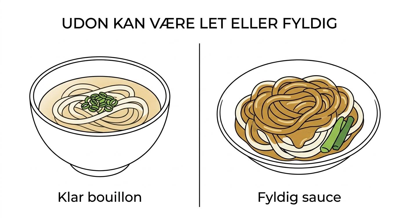 Fire udon-retter side om side: klar kake udon, stegt yaki udon, kold zaru udon og tyk curry udon.