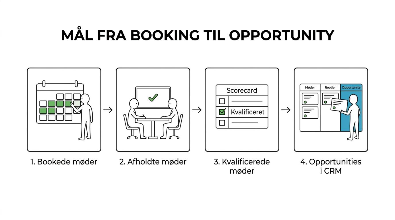 Procesdiagram over KPI-kæden fra bookingvolumen og responstid til show-rate, mødekvalitet, cost per møde og opportunity-rate i CRM.