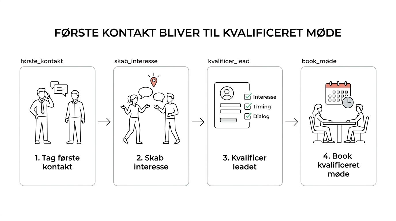 Proces fra første B2B-kontakt til leadkvalificering, mødebooking og overlevering til salgsteamet.