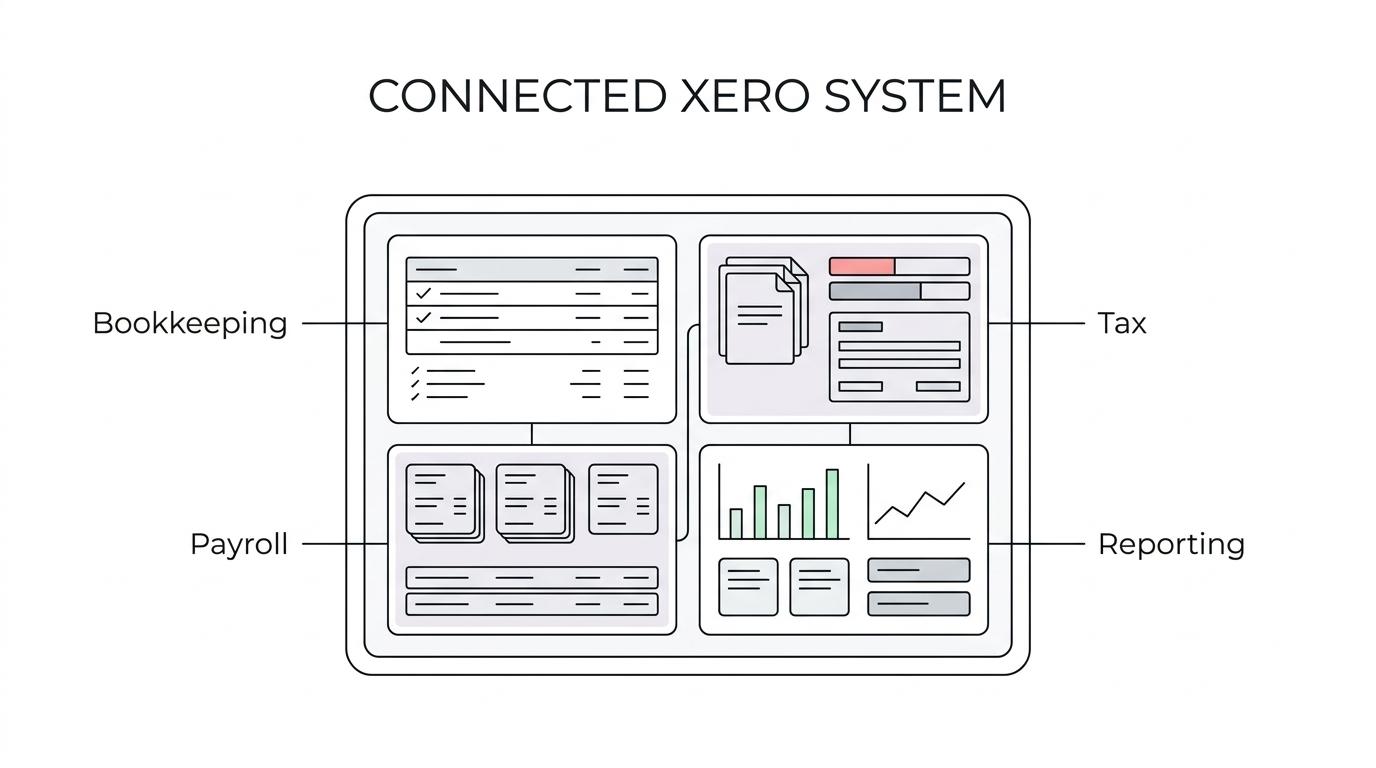 A labeled breakdown of a Xero-based finance support system with connected parts such as bookkeeping, tax coordination, payroll, reporting, controls, CFO support, and automation.