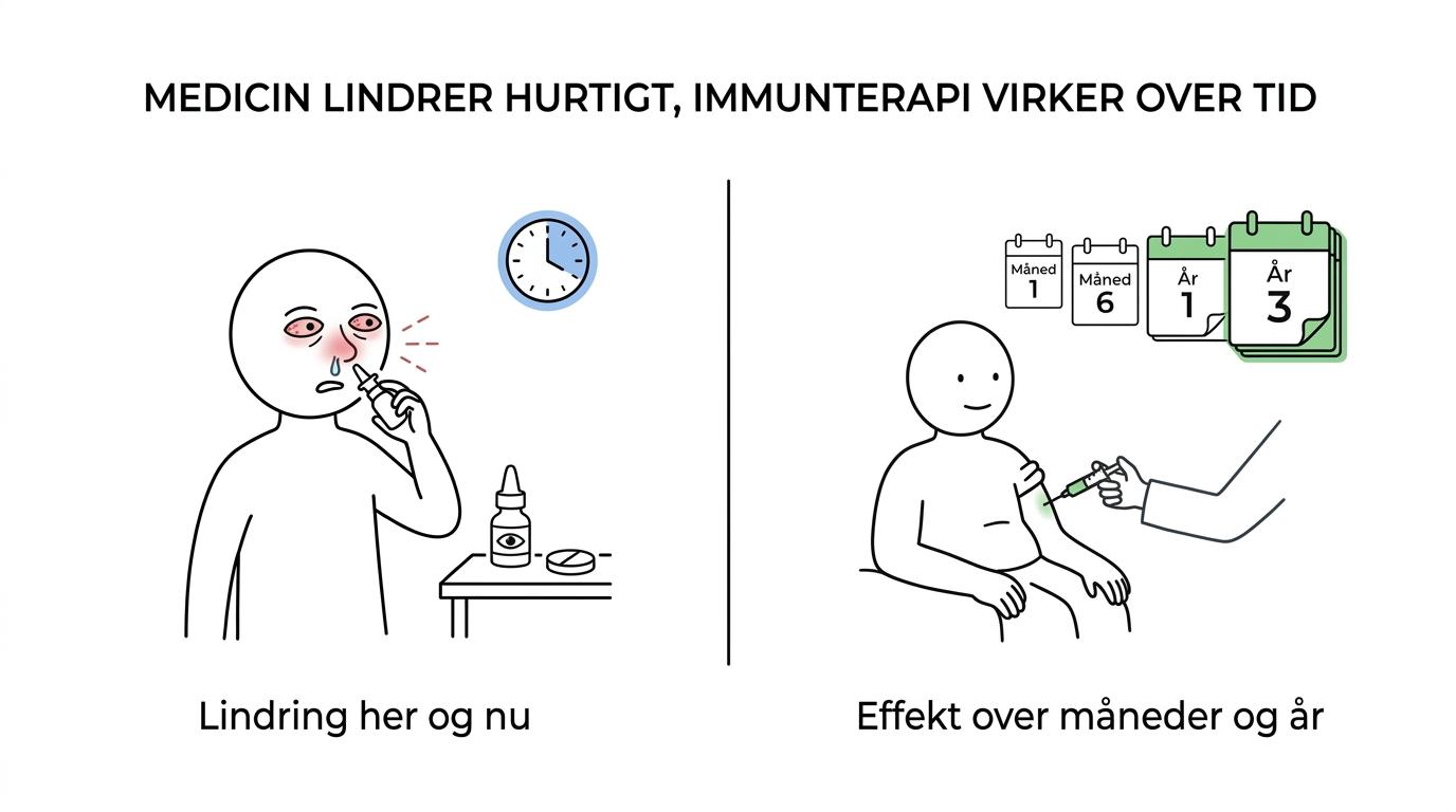 7 svar om allergibehandling og realistiske forventninger 1 Side-by-side comparison of symptom-relieving medicine, allergen immunotherapy, and hypnotherapy by speed, duration, and home effort.