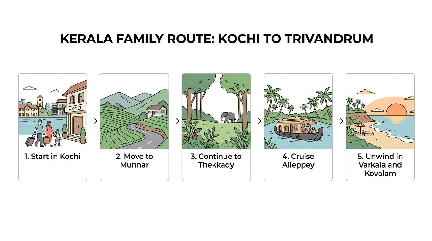 A staged Kerala travel route from Kochi to Munnar, Thekkady, Alleppey, Varkala, Kovalam, and Trivandrum, showing the shift from culture to hills, wildlife, backwaters, and beaches.