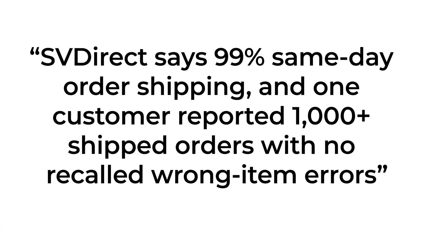 A quote graphic stating that SVDirect says it ships 99% of orders same day and a customer reported 1,000-plus shipments with no recalled wrong-item errors.