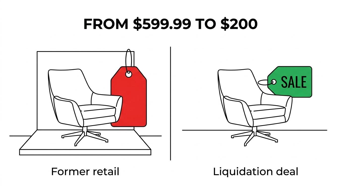 Side-by-side comparison of a Natuzzi leather swivel accent chair showing former price $599.99 and Tony Discount price $200.