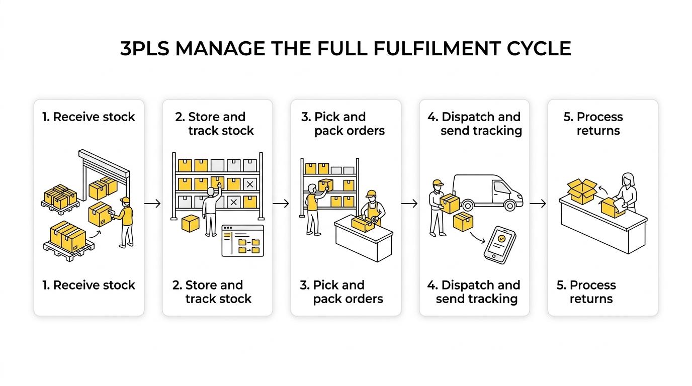 Flow diagram showing stock received into a UK 3PL warehouse, stored, picked, packed, shipped, tracked, and returned.
