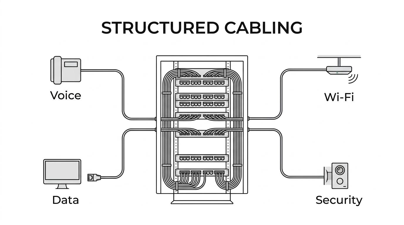 Labeled diagram of an office network showing MDF and IDF closets, fiber backbone, Cat6 and 6A runs, patch panels, Wi-Fi access points, phones, cameras, and workstations.