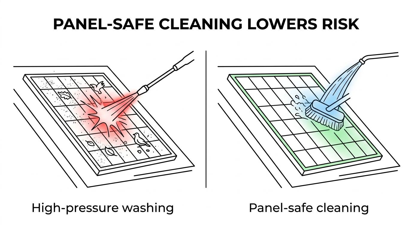 Side-by-side rooftop solar panels being cleaned with a soft brush and purified water on one side and a pressure washer on the other.