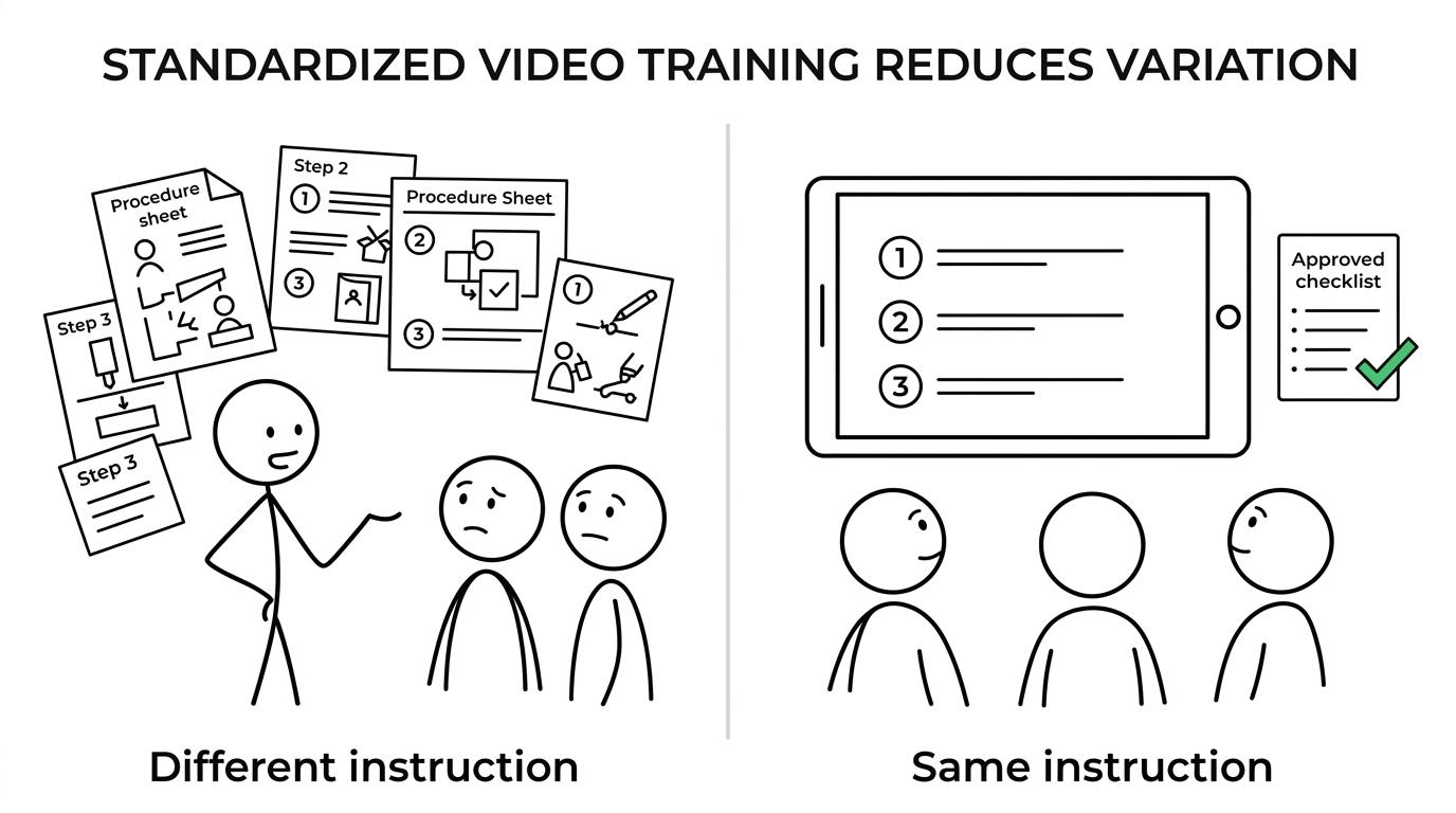 Side-by-side panels comparing inconsistent live safety training with standardized video-based training used across shifts and sites.