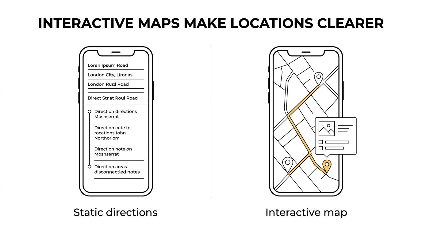 Side-by-side view of a static location list and a rich interactive map with routes, media, and detailed place information.