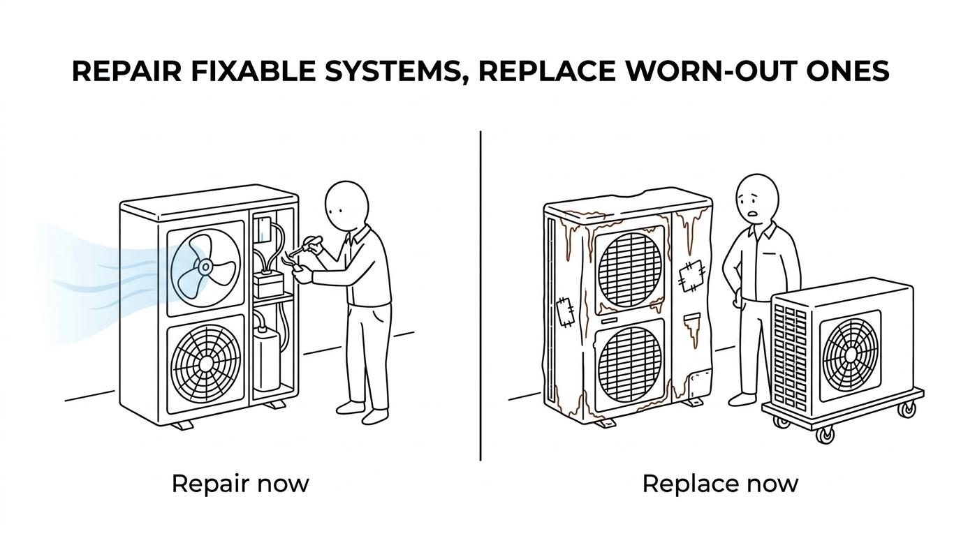 Side-by-side comparison showing when a heat pump should be repaired versus when replacement is the better choice.