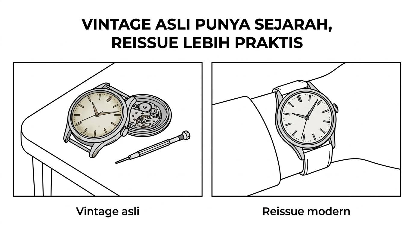 Perbandingan tiga jenis jam bergaya vintage: vintage asli, reissue, dan heritage modern dengan perbedaan sejarah, risiko, dan kepraktisan pakai.