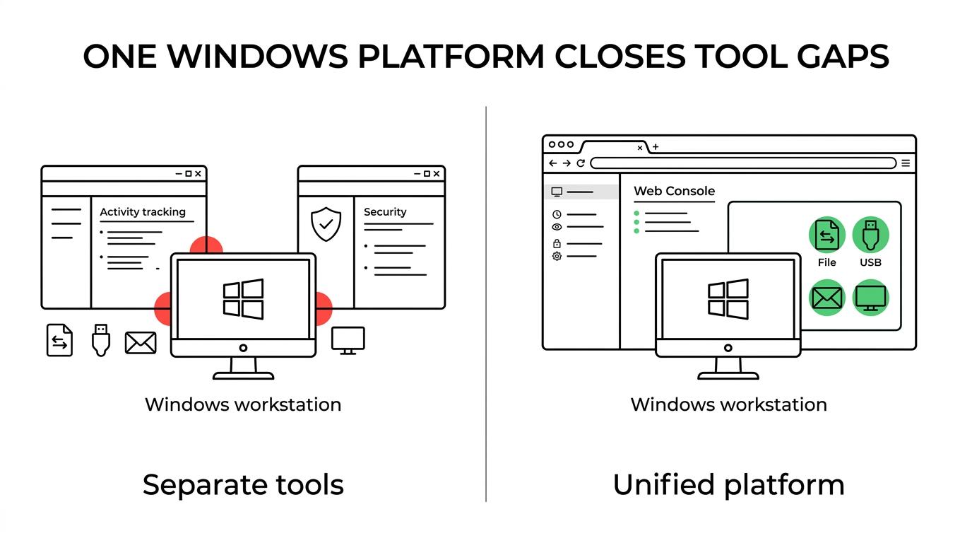 Side-by-side comparison of basic time tracking or standalone DLP tools versus OctoWatch’s unified Windows endpoint monitoring and data loss prevention platform.