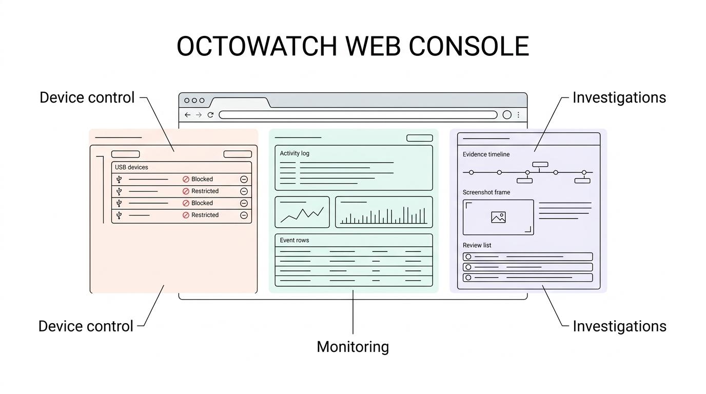 A labeled diagram of OctoWatch showing a central Web Console connected to device control, DLP monitoring, user activity evidence, and investigation tools.