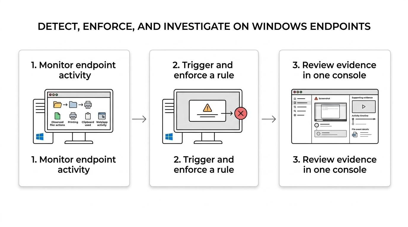 Flow showing a Windows endpoint action triggering an OctoWatch rule, automated responses, and incident review in the web console.