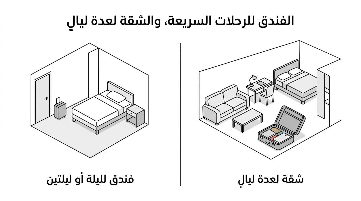 مقارنة جانبية بين فندق وشقة مخدومة توضح فرق مدة الإقامة والمساحة والخدمة وملاءمة العائلات ورجال الأعمال.