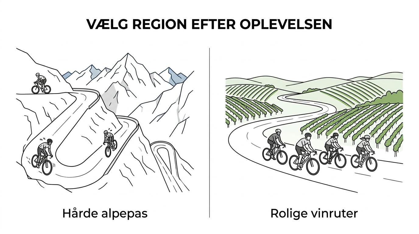 Sammenligning af cykelferie i de franske Alper, kyst og bagland samt vinområder og grønne ruter med forskelle i terræn, logistik og hvem turene passer bedst til.