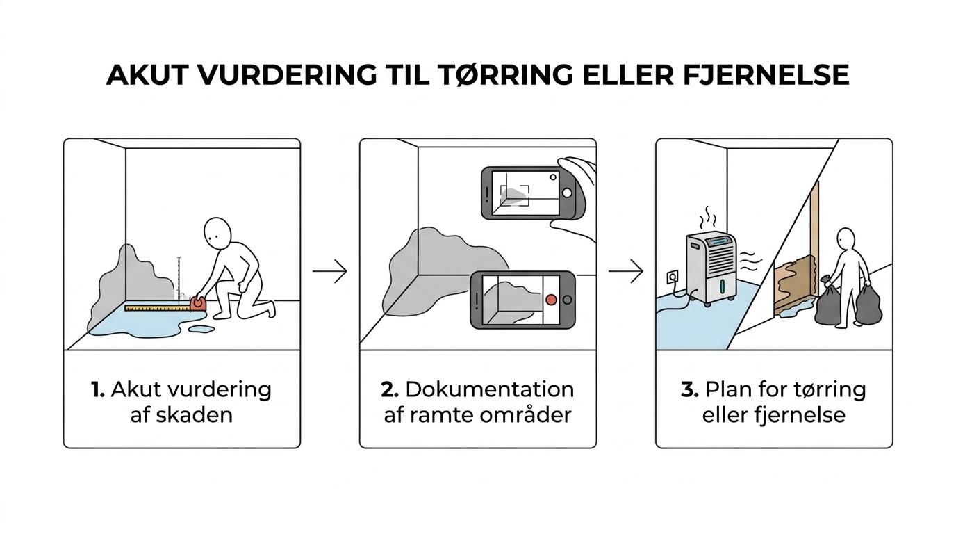Trinvis oversigt over skadeservice ved vandskade fra vurdering og dokumentation til tørring og fjernelse af våde materialer.