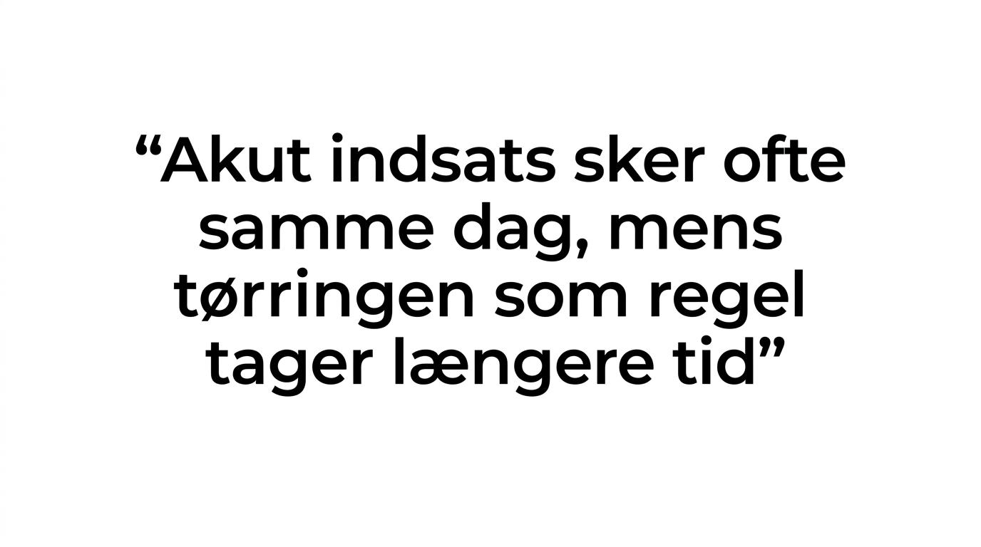 Citatfremhævelse om at den akutte indsats ofte sker samme dag, mens tørring kan tage flere dage.