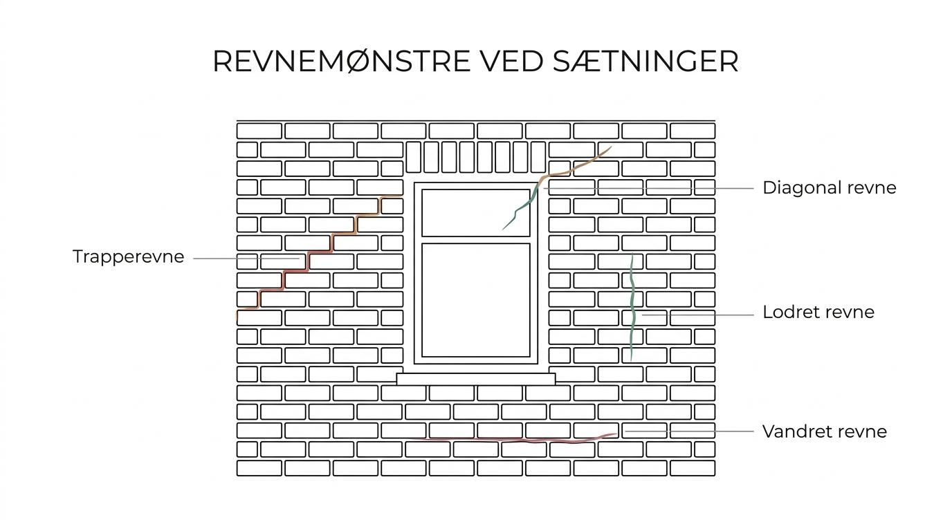 Tegning af en murstensfacade med markerede trappeformede, diagonale, lodrette og vandrette revner ved vinduer, døre og sokkel.