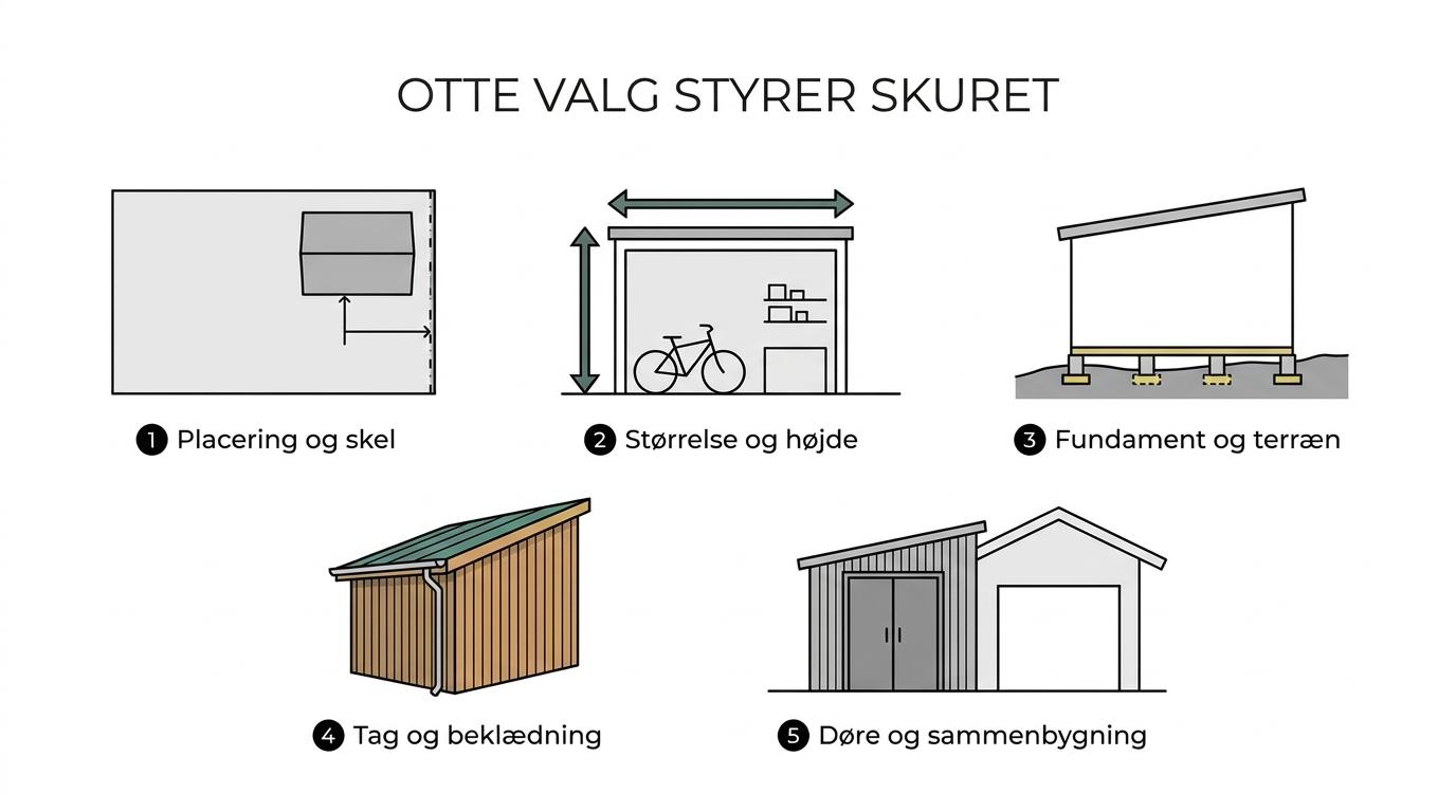 Infografik med otte felter over de vigtigste valg i et skurbyggeri: placering, skelafstand, størrelse, højde og tagform, fundament og terræn, beklædning, døre og åbninger samt sammenbygning.