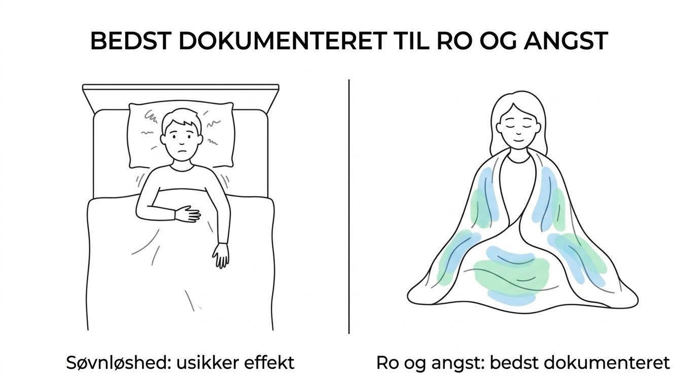 Side-by-side comparison showing weighted blankets as better supported for calm and anxiety than for insomnia.