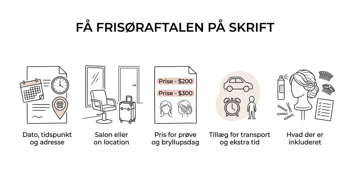Illustration af en tjekliste for booking af bryllupsfrisør med dato, sted, priser, transport og inkluderede ydelser.