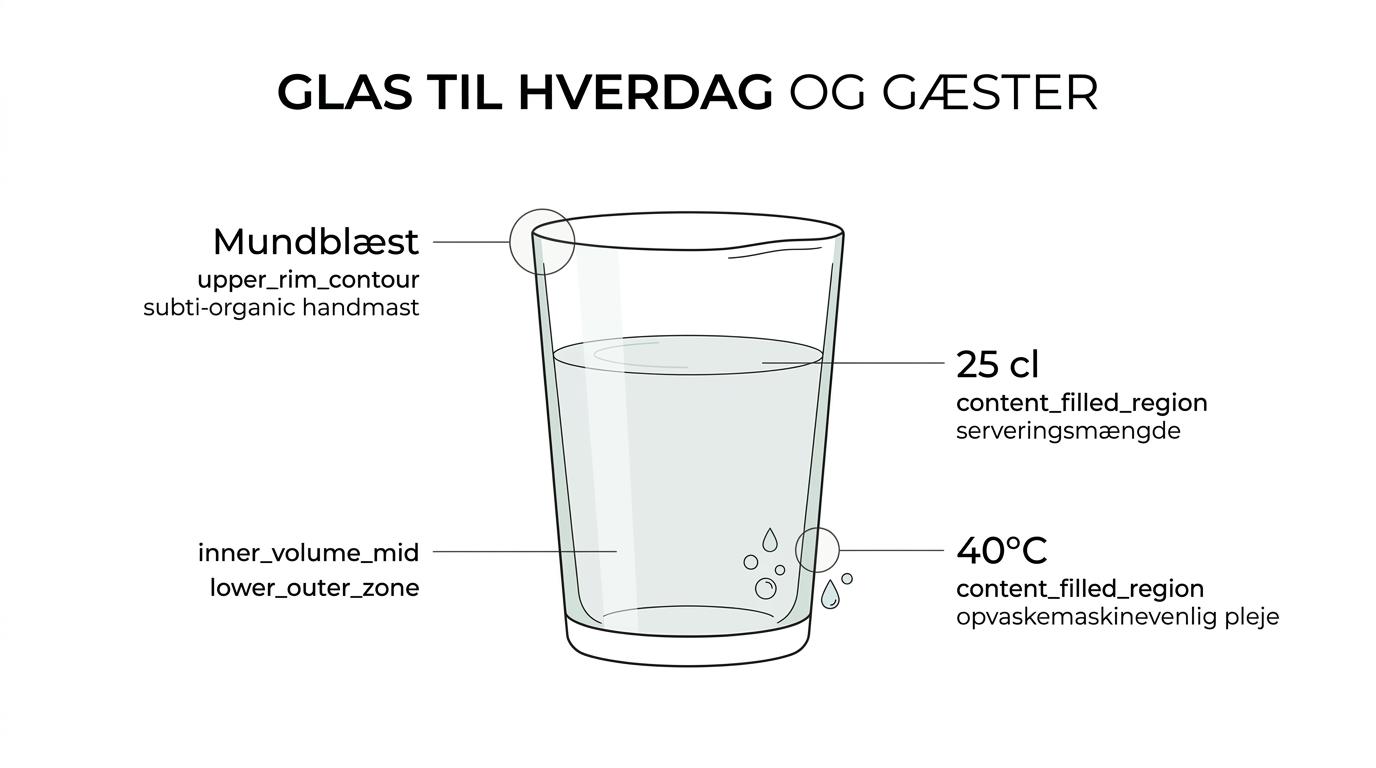 Et klart Kodanska Danish Summer glas vist med labels for størrelse, 25 cl kapacitet, håndlavet finish og flere anvendelser.