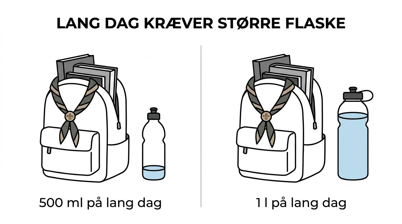Sammenligning af tre Nalgene-drikkedunke i 500 ml, 750 ml og 1 liter med brug til skole, længere dage og færre opfyldninger.