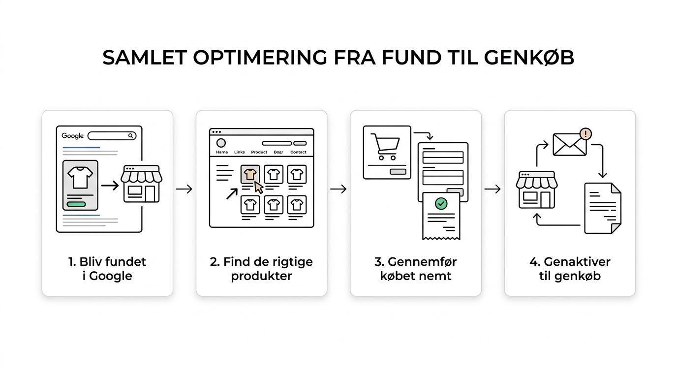 Et flow fra at kunder finder produkter, til produktside, checkout, køb og genaktivering via e-mail.