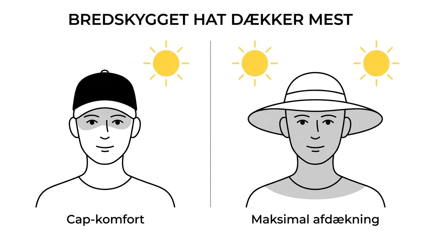 Side-by-side af en sort cap med bred skygge og en bredskygget sommerhat, der viser forskellen i skygge til ansigt, ører og nakke.