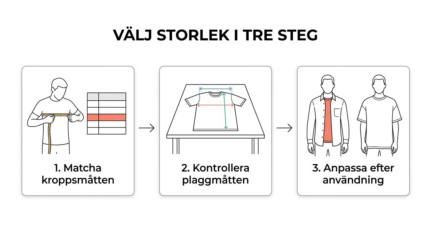 Flödesschema som visar hur du väljer T-shirtstorlek genom kroppsmått, plaggmått och önskad passform.