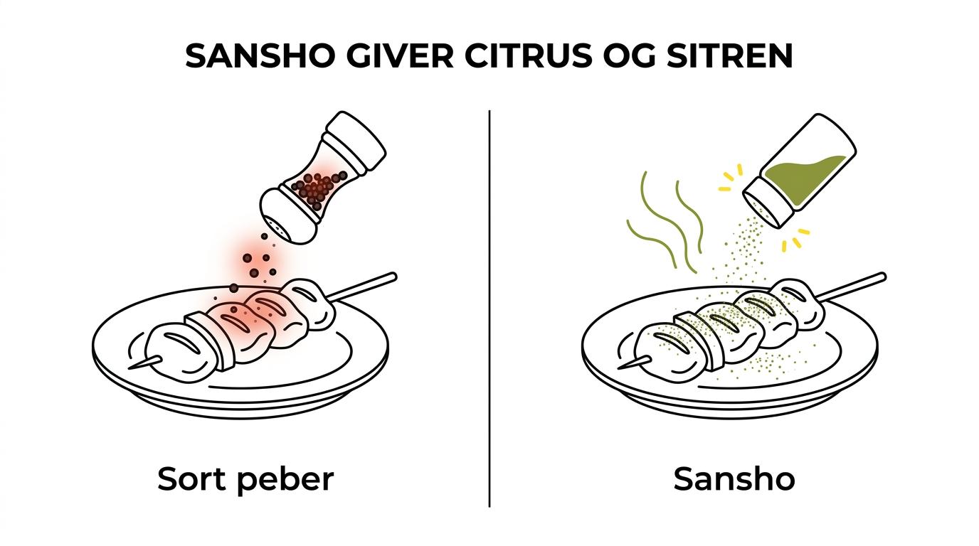 Sammenligning af sansho, sichuanpeber og sort peber med forskelle i smag, mundfølelse og typiske retter.