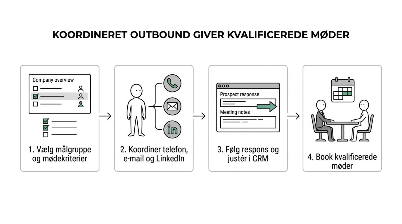 A step-by-step B2B meeting booking process from target selection and decision-maker research to phone, email, LinkedIn, qualification, booked meeting, and CRM handoff.