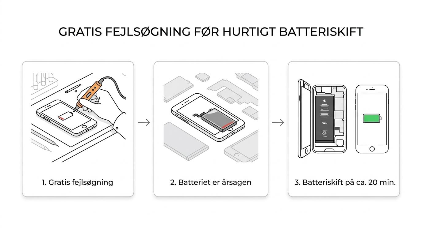 Procesoversigt for iPhone-batteriskift med gratis fejlsøgning, vurdering af problemet og hurtig reparation.