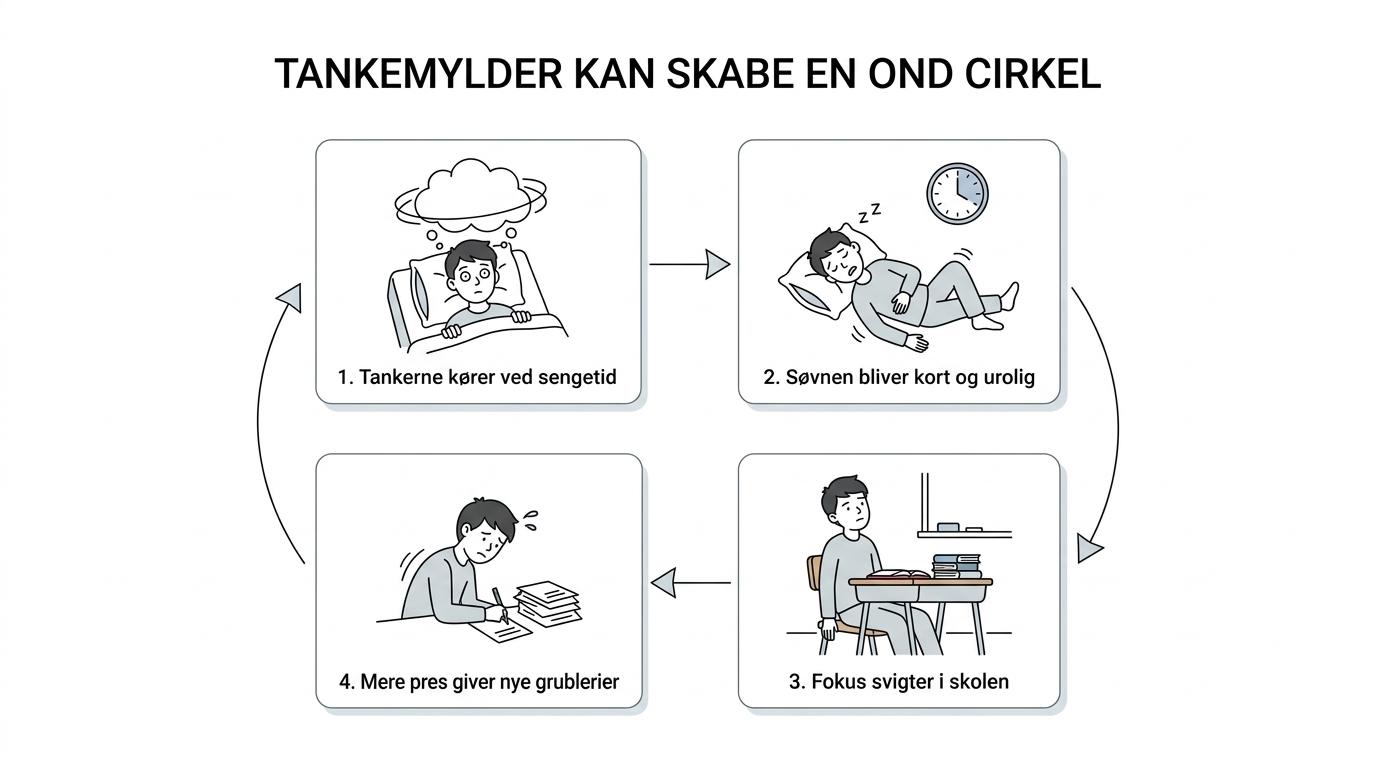 Flowdiagram showing overthinking at night leading to poor sleep, daytime fatigue and concentration problems, and increased school stress that feeds back into more overthinking.