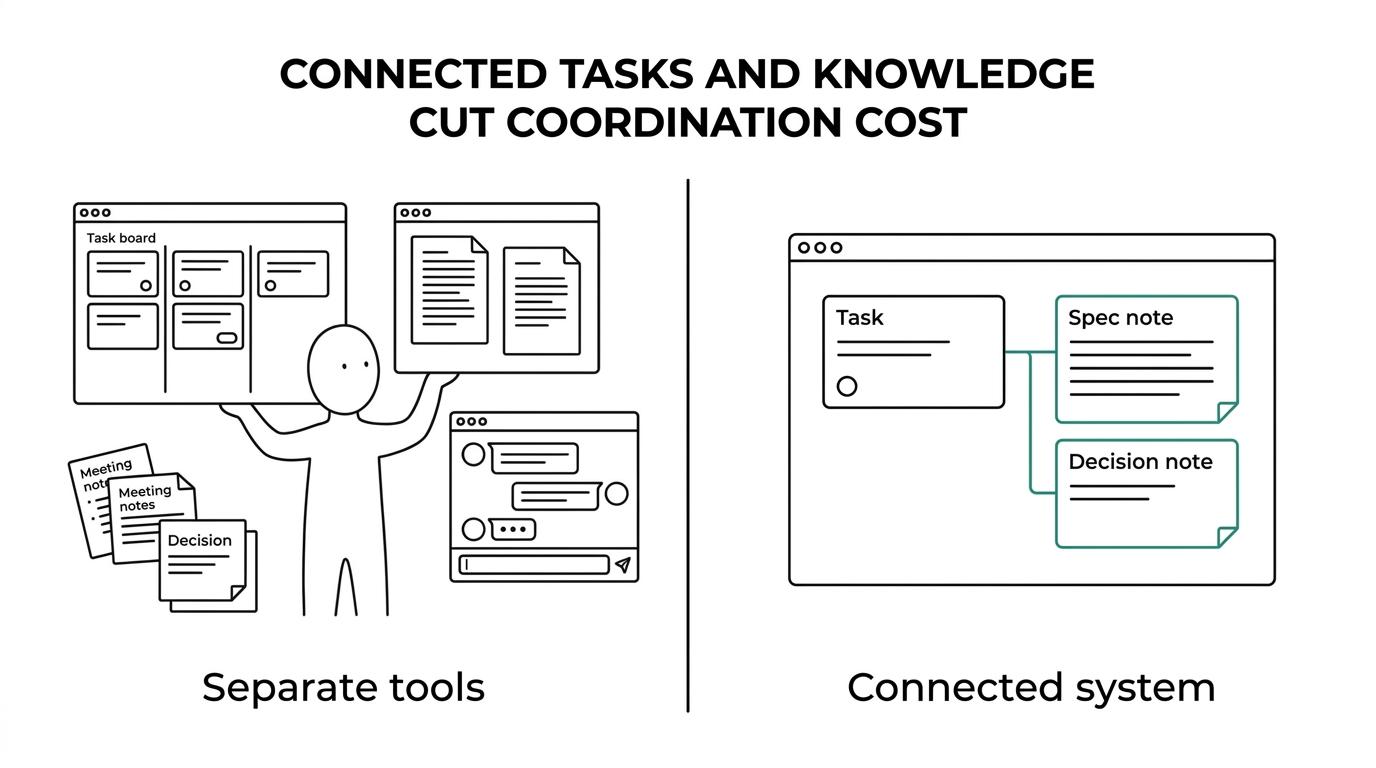 Side-by-side comparison of an all-in-one workspace and separate project and wiki tools, showing connected tasks and docs on one side and fragmented apps on the other.