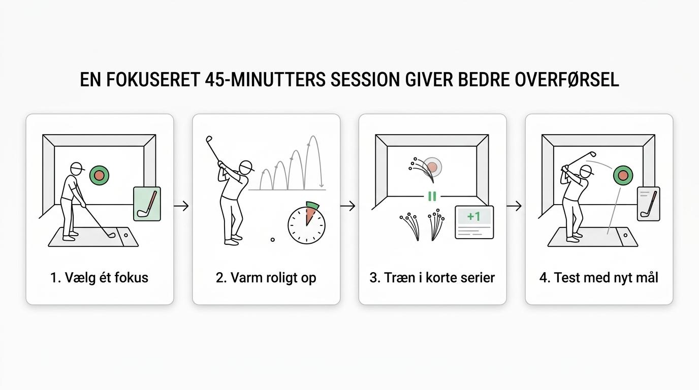 En firetrins plan for en 45-minutters golfsimulatorsession med fokus, opvarmning, hovedblok og transfer-test.