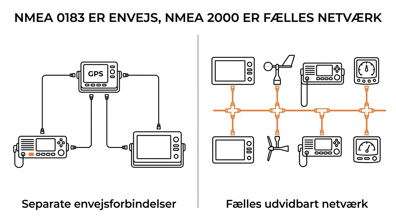 Side-by-side comparison of NMEA 0183 and NMEA 2000 showing one-way device connections versus a shared backbone network linking multiple marine instruments.