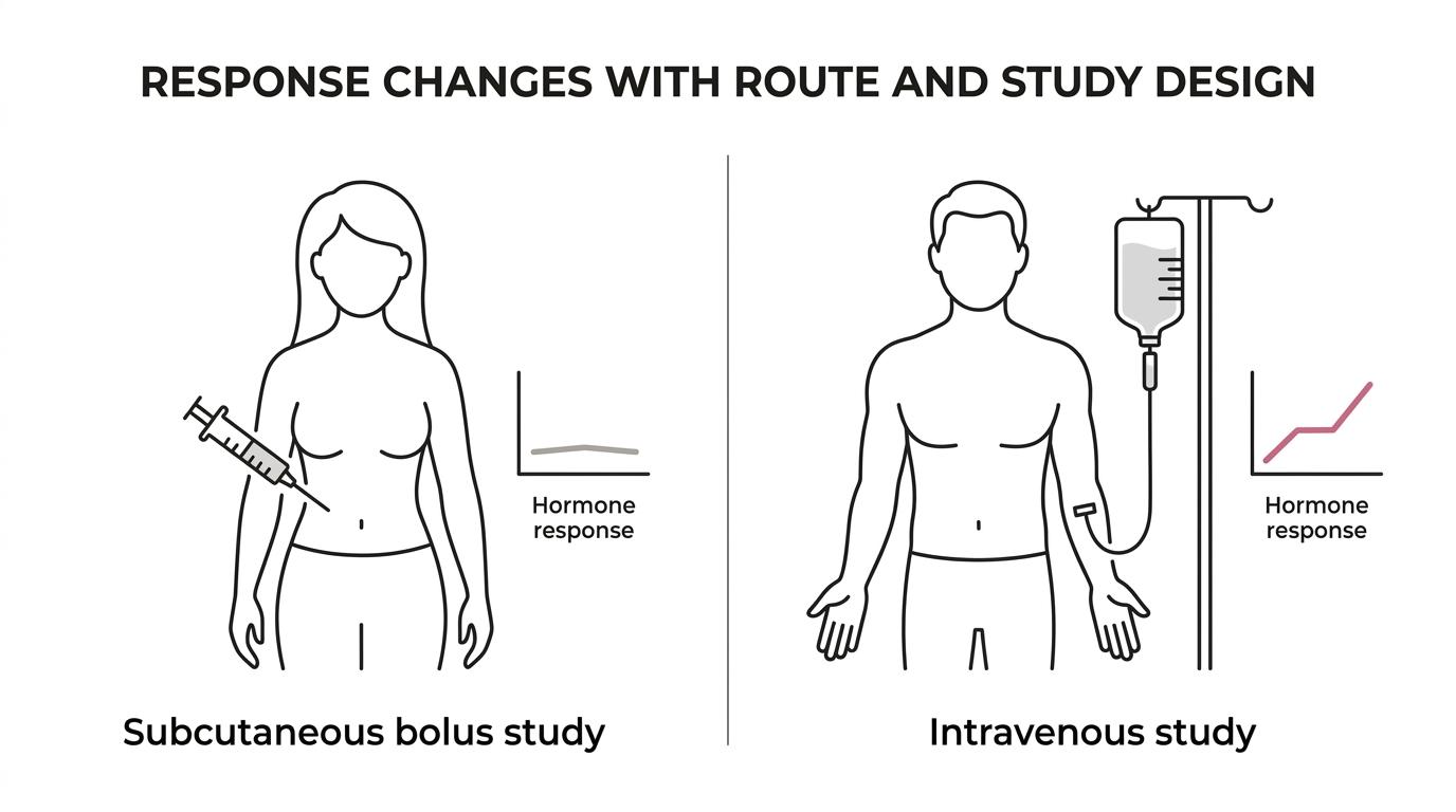 Side-by-side comparison of kisspeptin-10 human study routes showing intravenous and subcutaneous infusion hormonal stimulation versus a follicular-phase subcutaneous bolus study in women with no significant stimulation.