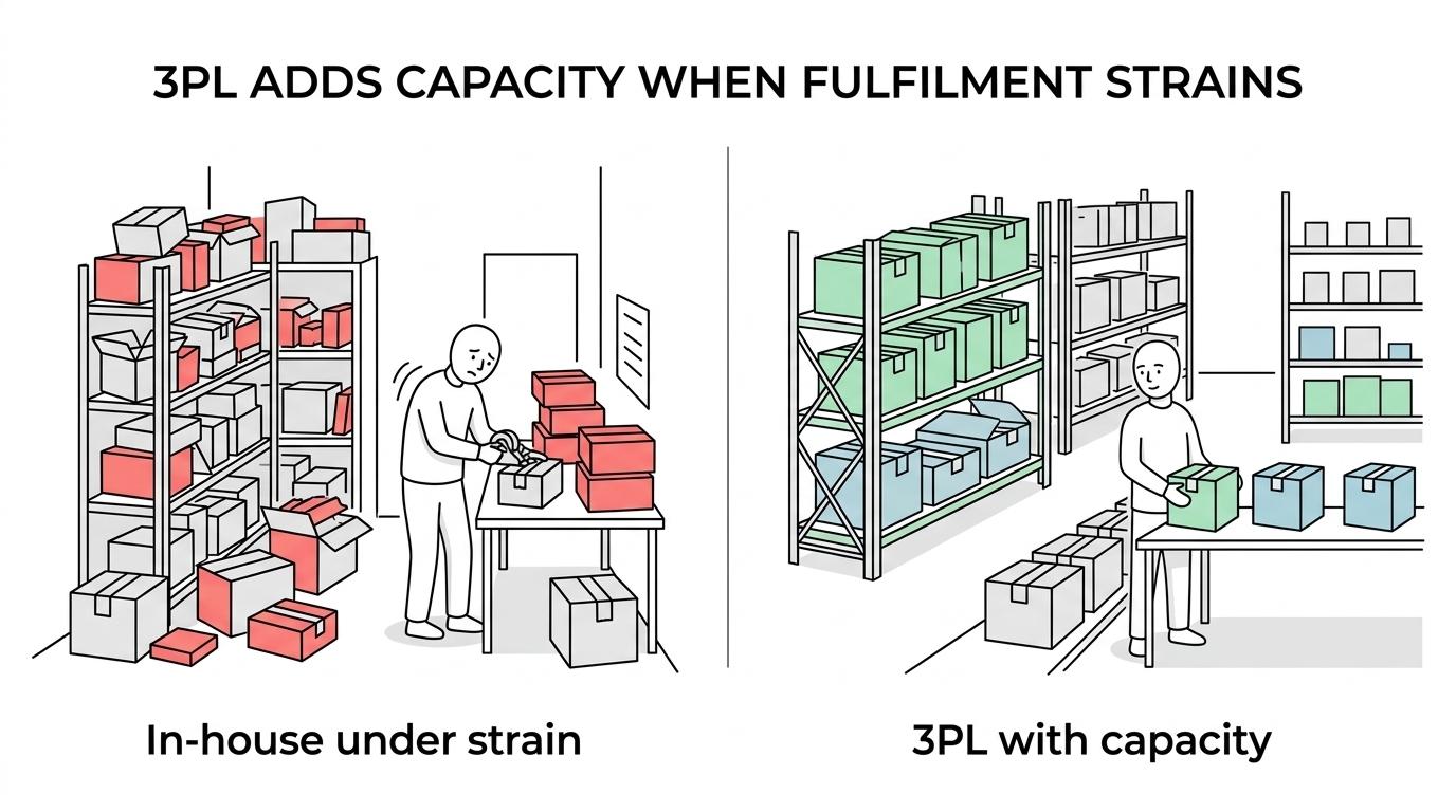 Side-by-side comparison of a strained in-house Shopify fulfilment setup and a more scalable 3PL-supported operation.