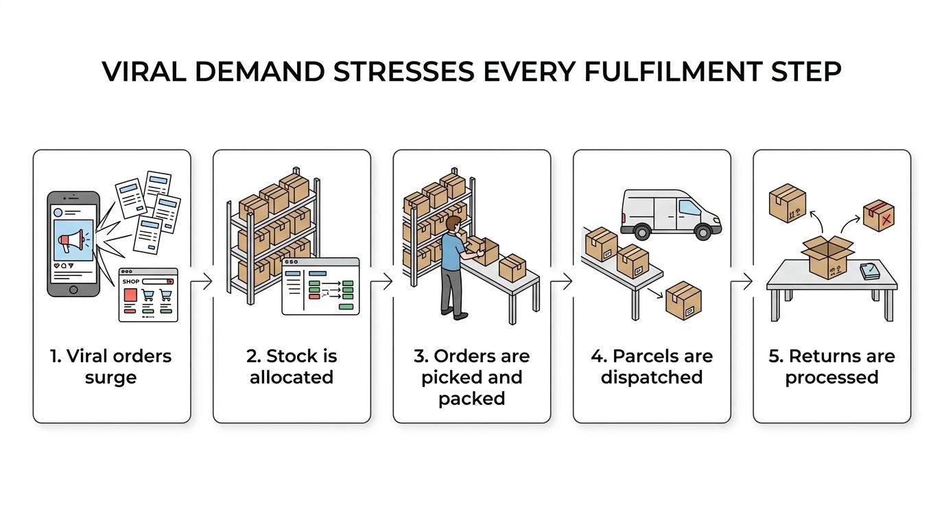 A step-by-step flow showing a viral ecommerce spike moving through stock visibility, order allocation, picking, packing, carrier handoff, delivery, and returns.