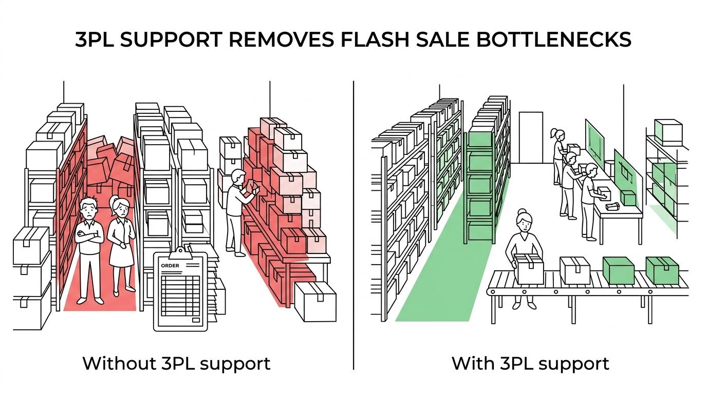 Side-by-side comparison of in-house fulfilment and 3PL support during a flash sale across space, staffing, stock control, shipping, dispatch, and management focus.