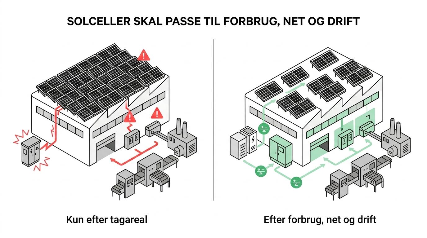 Sammenligning af to solcelletilgange: paneler valgt efter tagareal alene versus løsning planlagt efter forbrug, netforhold, batteri og økonomi.