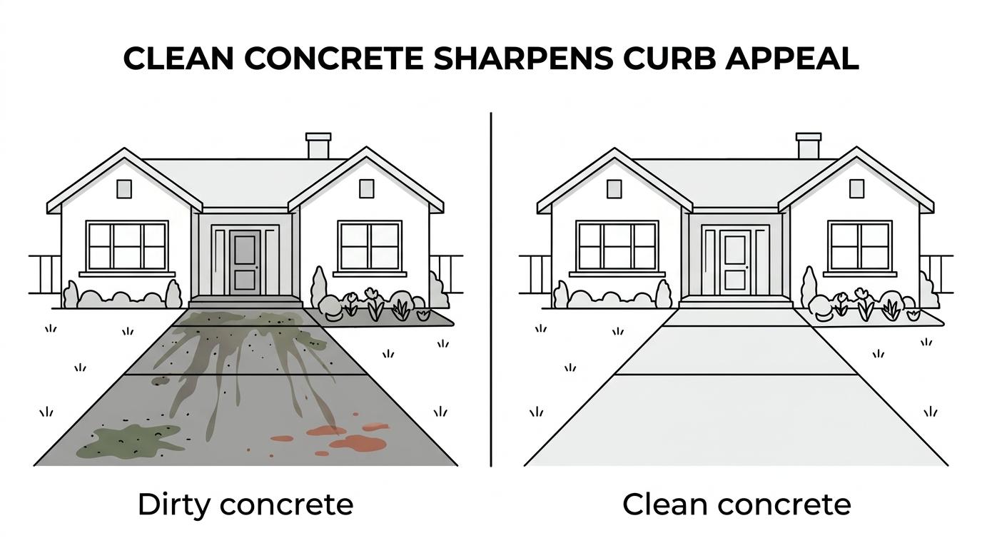 Side-by-side driveway before cleaning with dark stains and algae, and after cleaning with brighter concrete and a sharper home entrance.