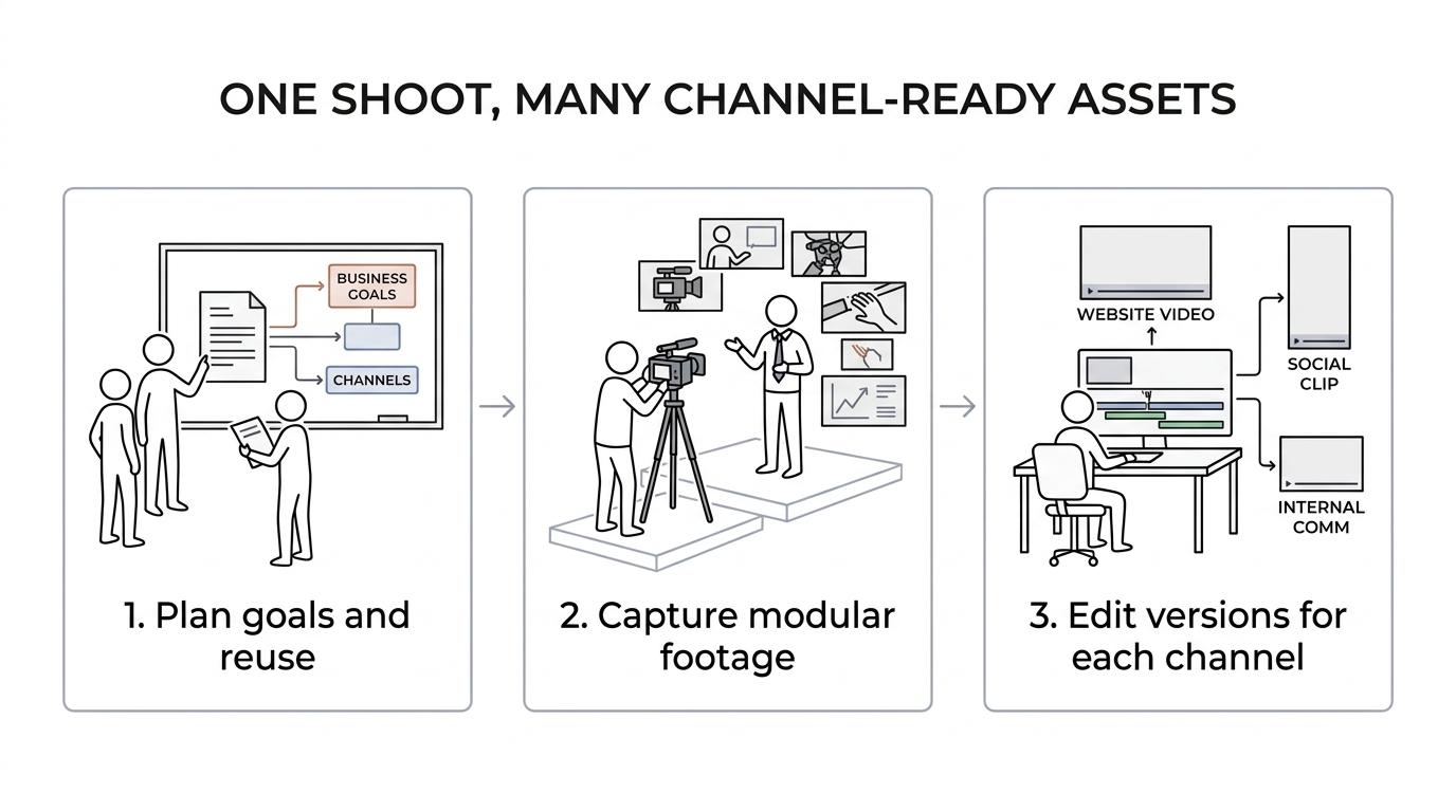 Flow diagram showing business goals leading to a production brief, video shoot, edited versions, and multiple channel-specific assets.